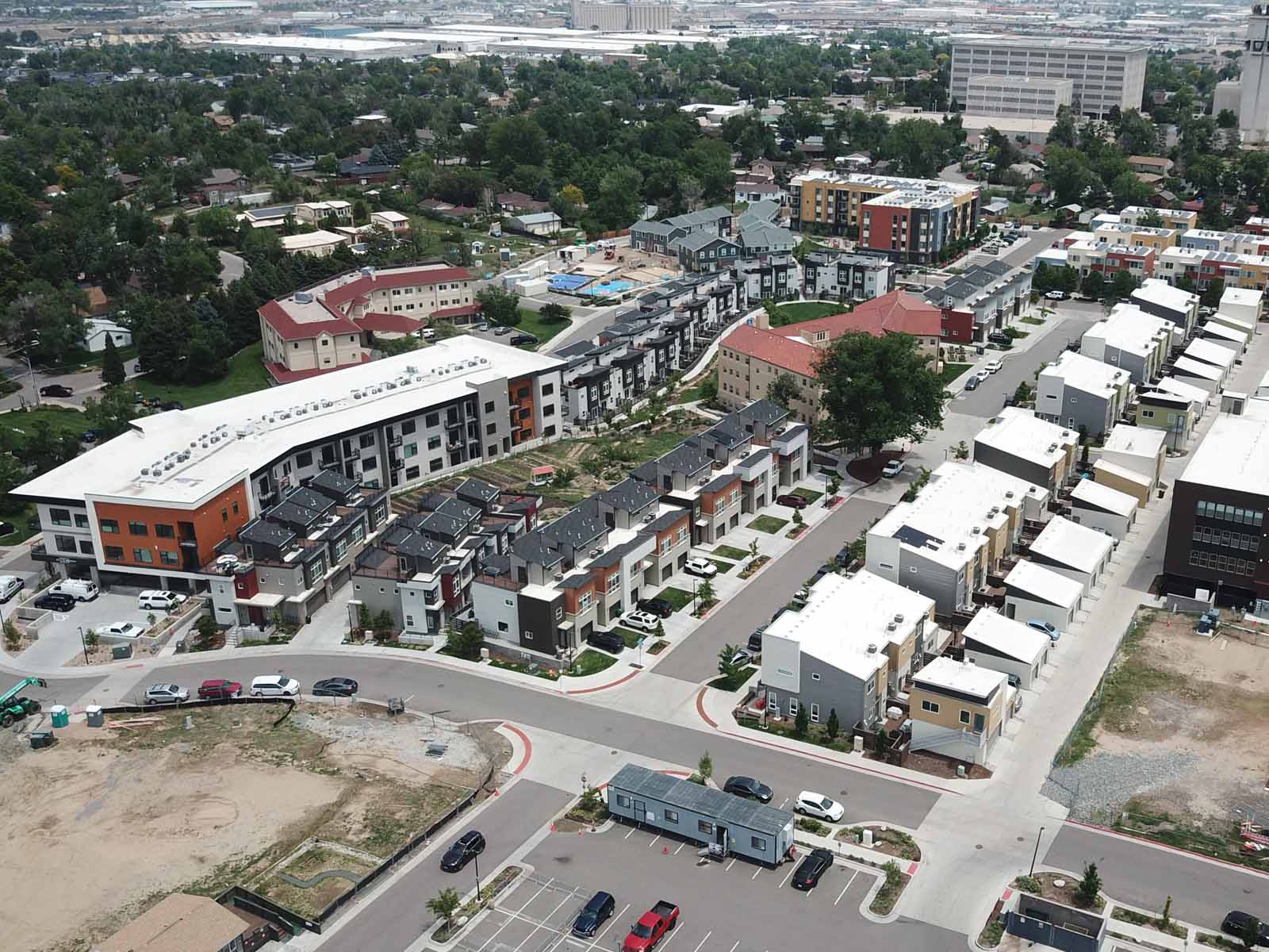 Aria Denver, Zen Condos, Luxury Denver Colorado Townhomes Drone View - Weins Development Group - Award-winning real estate developers in Denver, Colorado. Top #1 of Builders producing high-quality townhomes, condos, apartments, retail, & office projects